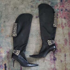 Luca Valentini Italy Genuine Leather Stud-Embellished Knee-High Boots In Black